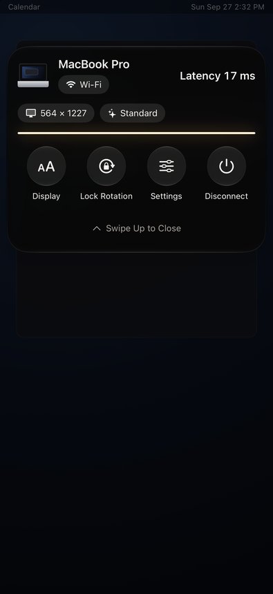 The controls on iPhone (sample screen; the numbers are for illustration): the connected Mac, the Mac’s resolution and quality, and buttons for Text & Quality, Lock Rotation, Settings, and Disconnect