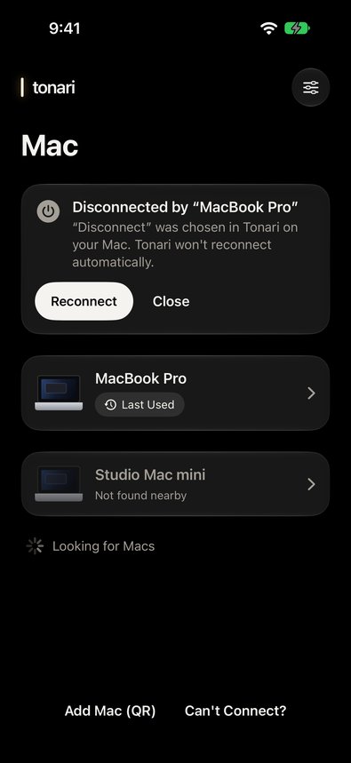 An iPhone showing that the Mac ended the connection, with Reconnect and Close buttons