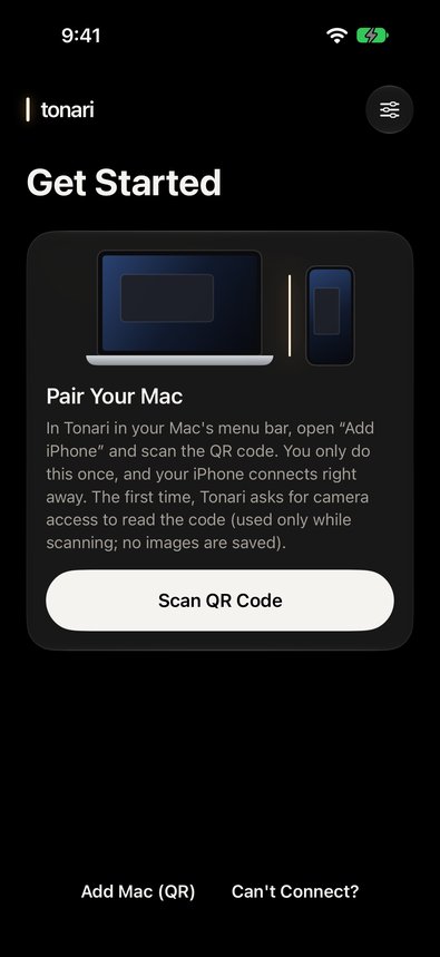 The welcome screen of Tonari on iPhone, asking you to pair your Mac, with a Scan QR Code button