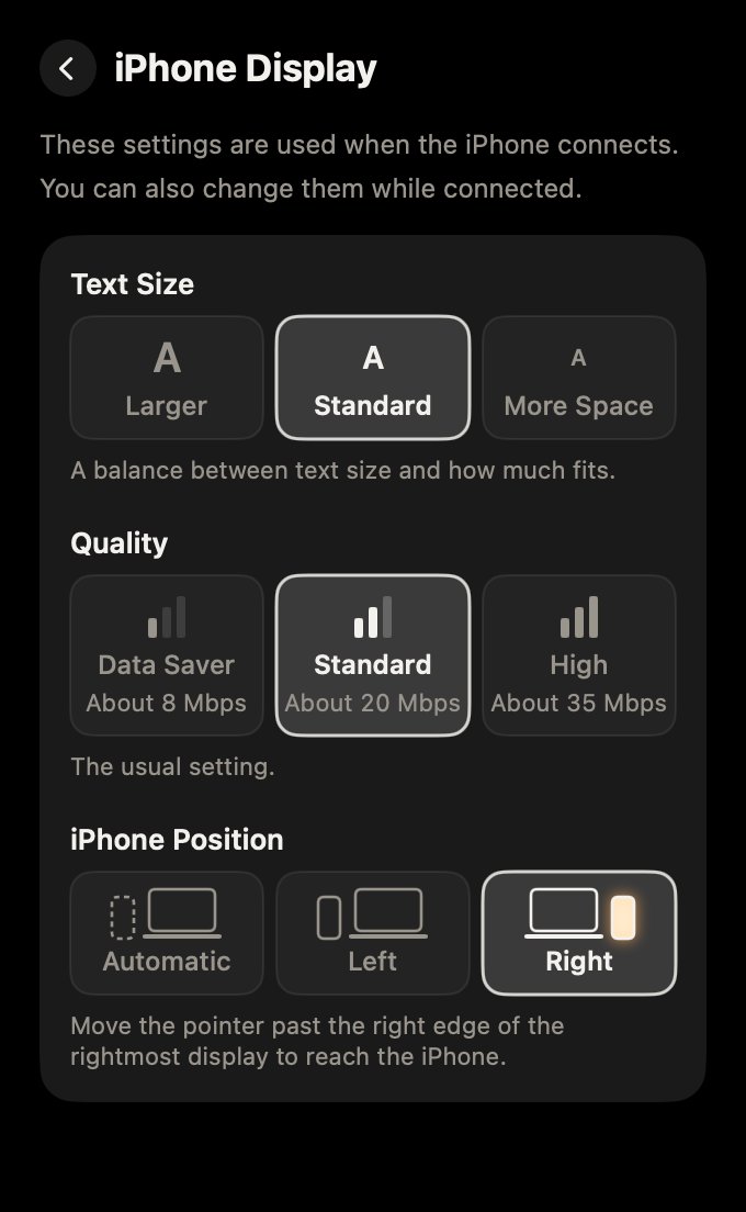 The iPhone Display page, where you choose the text size, the quality, and which side the iPhone is on with illustrated buttons