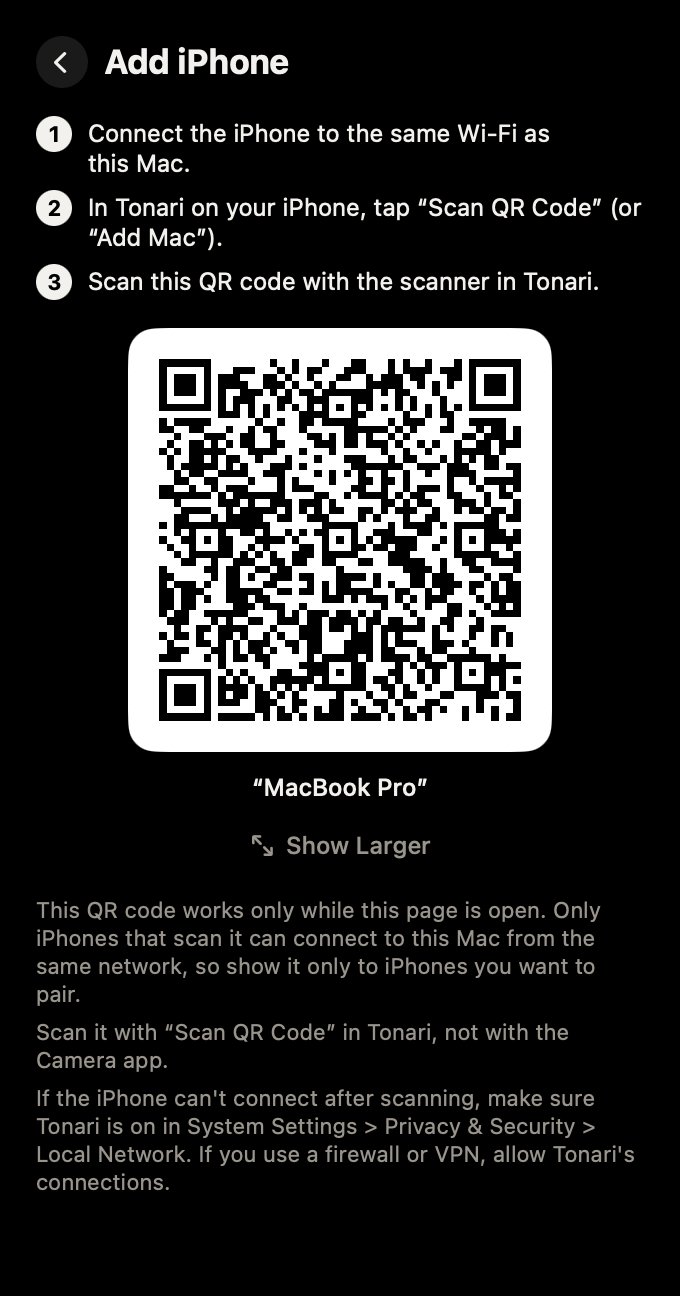 The Add iPhone page of Tonari in the Mac menu bar, with three steps, a QR code, and a Show Larger button