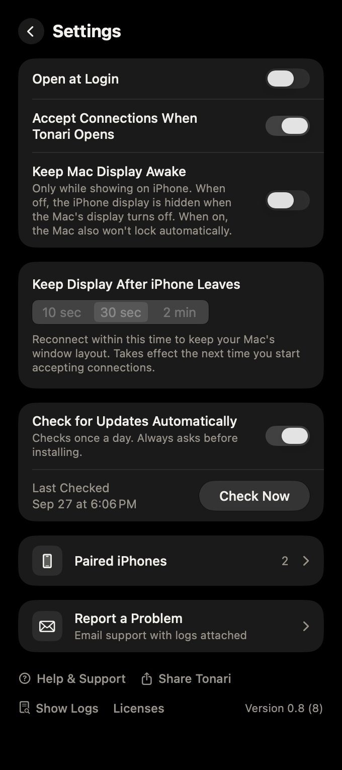 Tonari’s settings on Mac: Open at Login, Accept Connections When Tonari Opens, Keep Mac Display Awake, Keep Display After iPhone Leaves, Check for Updates Automatically, Paired iPhones, and Report a Problem