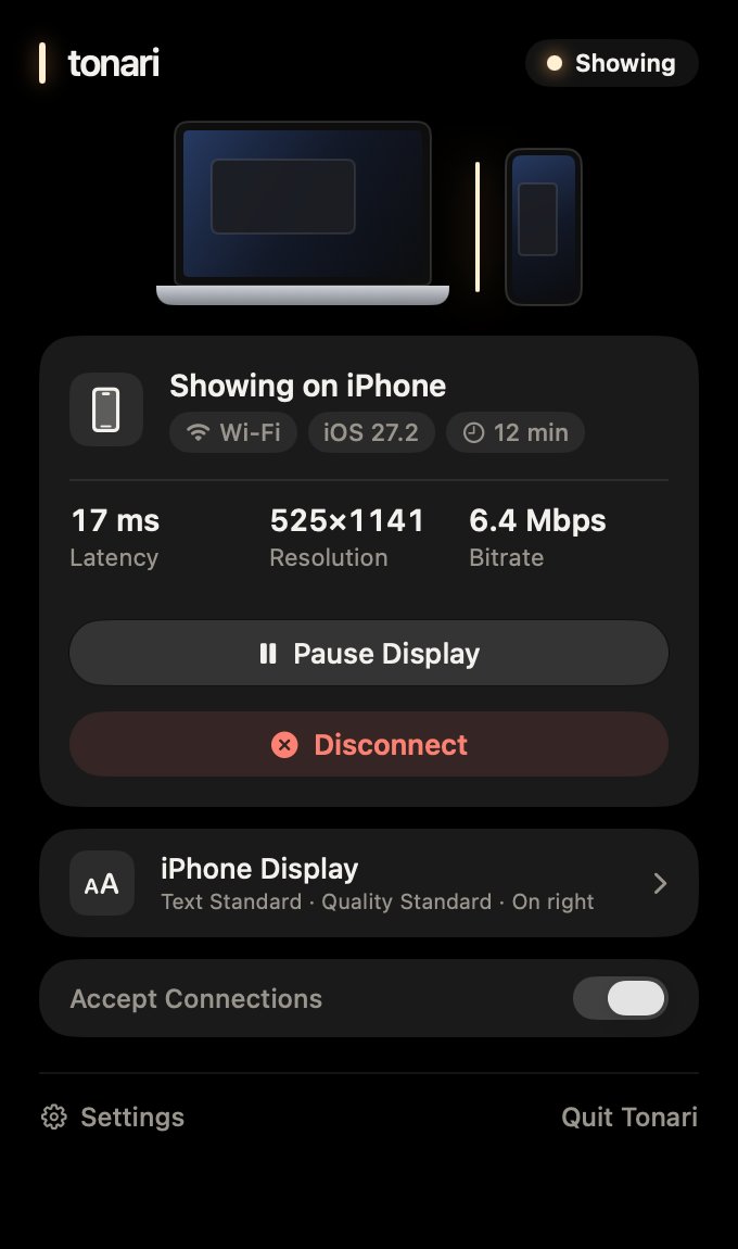 Tonari in the Mac menu bar (sample screen; the numbers are for illustration): the connected iPhone, latency, resolution, data rate, a Disconnect button, and the iPhone Display row