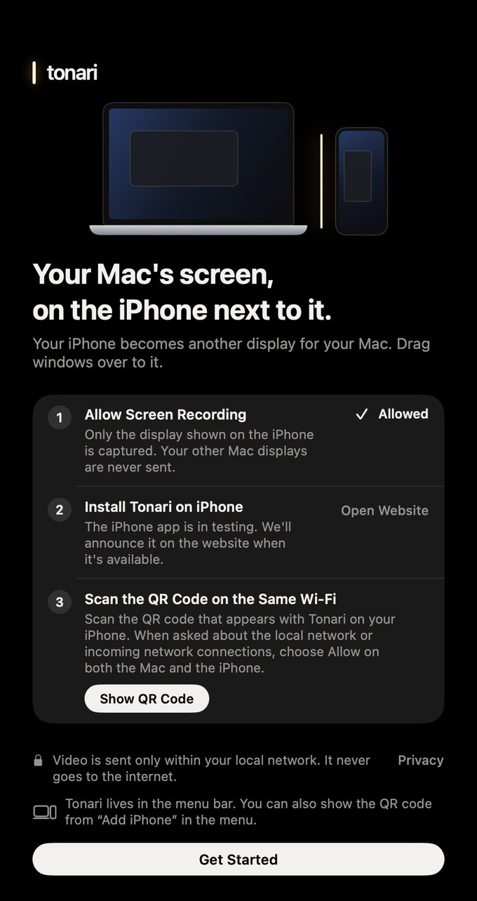 The welcome window the first time you open Tonari, with three steps: allow Screen Recording, install Tonari on your iPhone, and scan the QR code on the same Wi-Fi